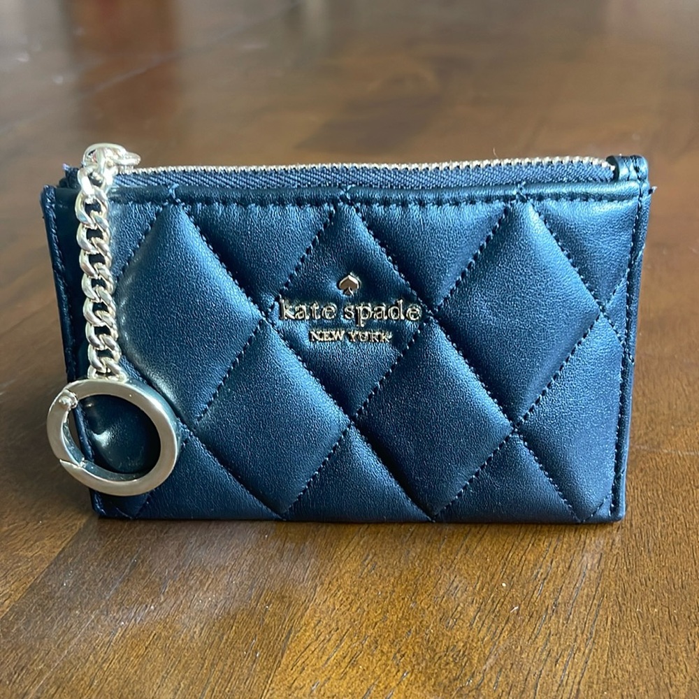 kate spade black quilted card holder with key chain